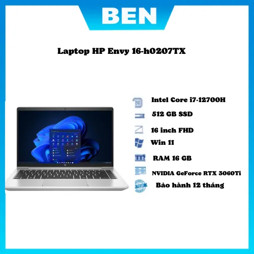Laptop hp envy 16-h0207tx / bạc/ intel core i7-12700h / ram 16gb/ 512gb ssd/ nvidia geforce rtx3060 6gb/ 16inch uhd+ oled touch/ win 11sl/ 1yr