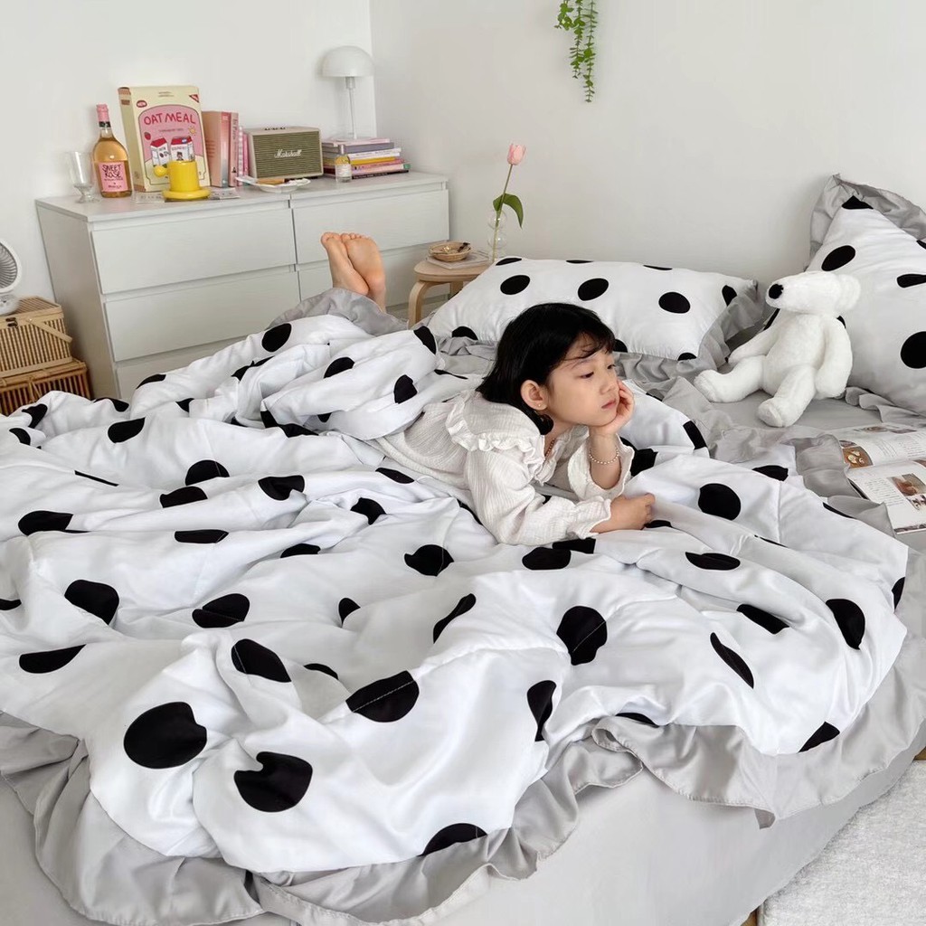Bộ Chăn Ga Gối Cotton Đũi ( Chần Mền Hè) Chấm Bi