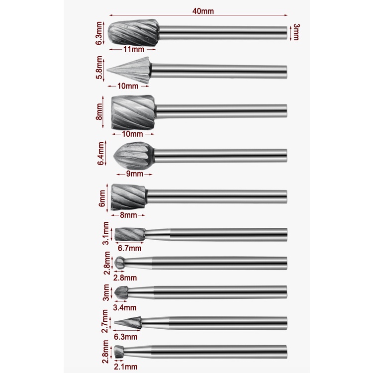 Bộ 10 đầu mũi phay mài khắc làm lũa gỗ đa năng - Mủi doa mài lũa mini cán 3mm / KANTOO SHOP
