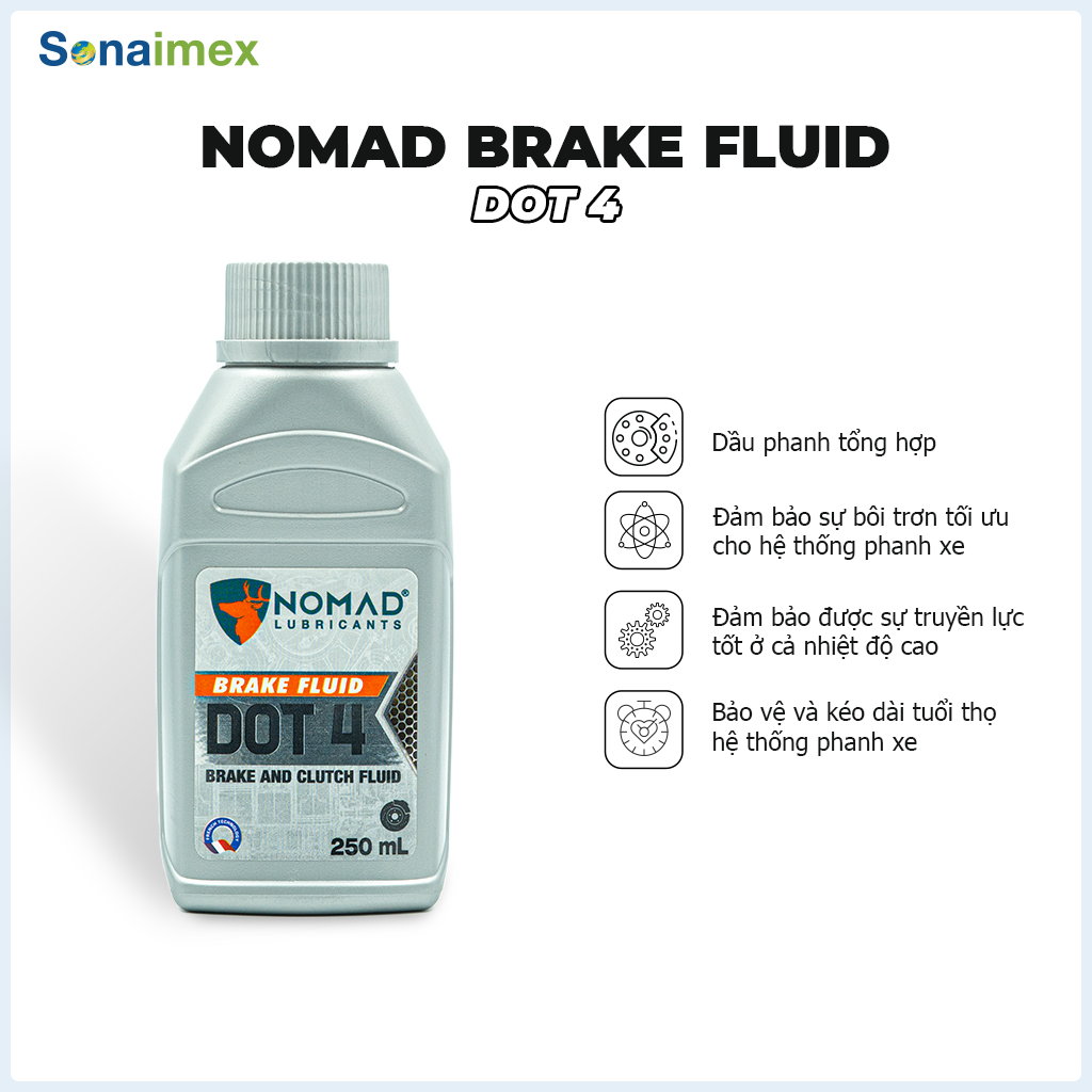 Dầu thắng NOMAD Brake Fluid Dot 4 - 250 mL dùng cho thắng đĩa và thắng ABS