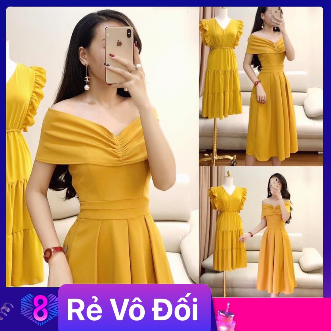 Đầm maxi nữ trễ vai chất kate lụa freesize dưới 55kg vàng đỏ