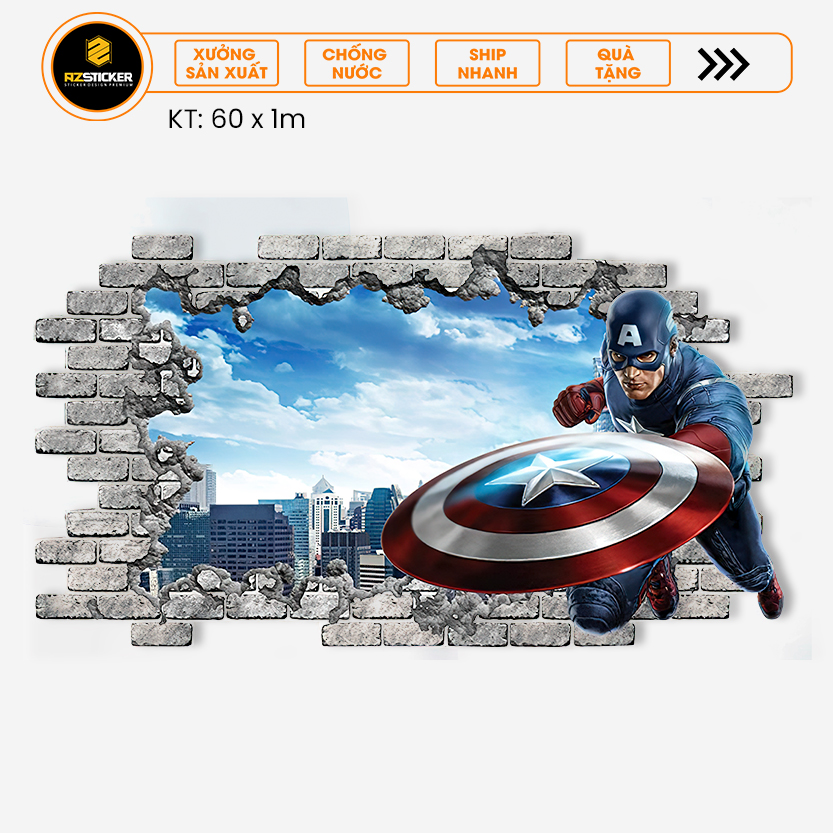 TRANH DÁN TƯỜNG 3D CHỦ ĐỀ CAPTION AMERICAN