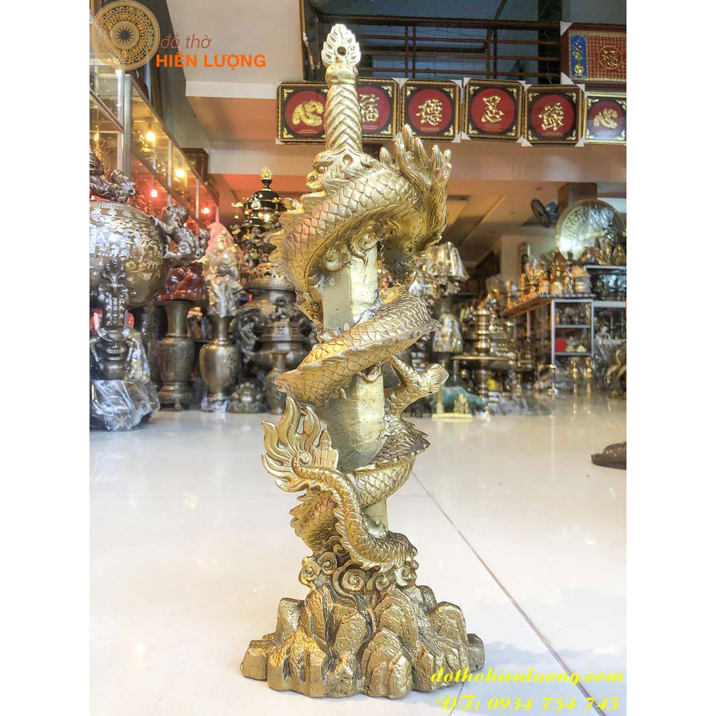 Tượng Rồng Cuộn Kiếm Bằng Đồng Cao 40cm Phong Thủy (Kiếm Rồng)