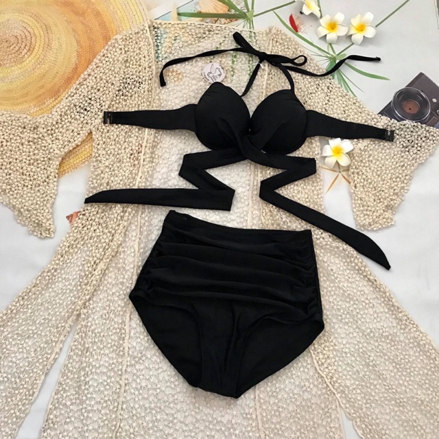 Bikini áo gọng chéo eo nâng ngực mix quần nhún đen lưng cao
