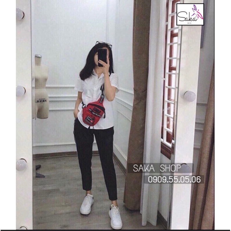 Áo sơ mi trắng form rộng nữ tay ngắn vải kate lụa không nhăn