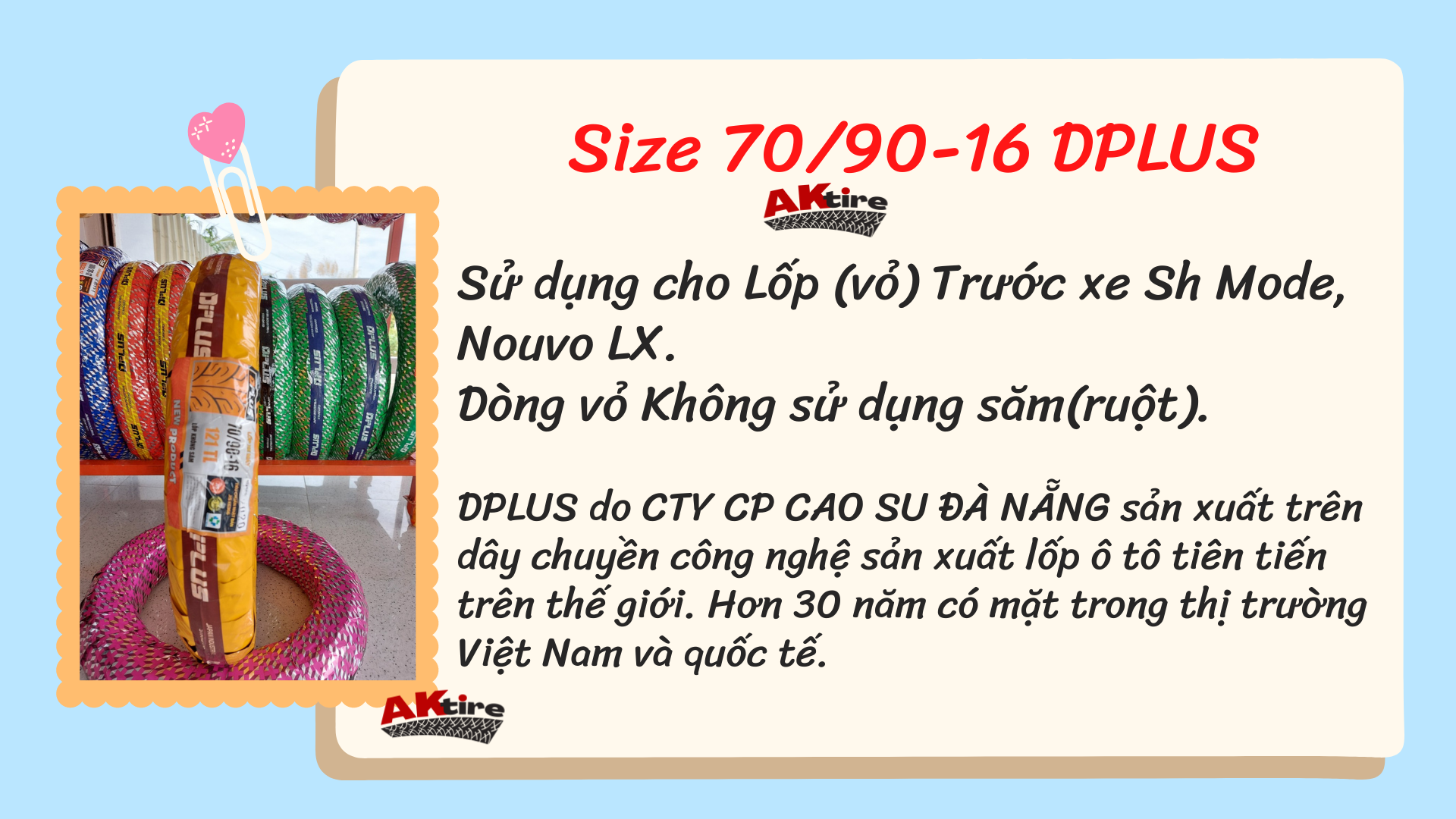 Lốp(vỏ) DPLUS 70/90-16 KHÔNG SĂM(RUỘT) dành cho Trước Nouvo, Sirius