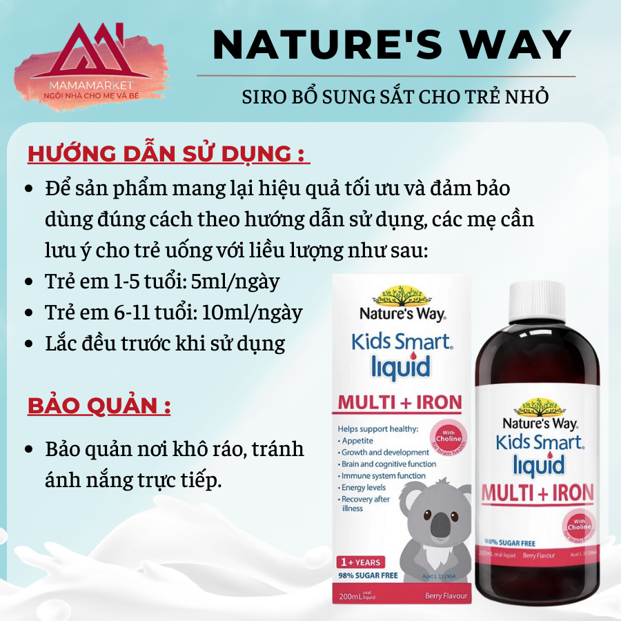 Sắt nước dạng siro Nature's Way Kids Smart Liquid Multi + Iron - 200ml  [ Date 8/2025 ]