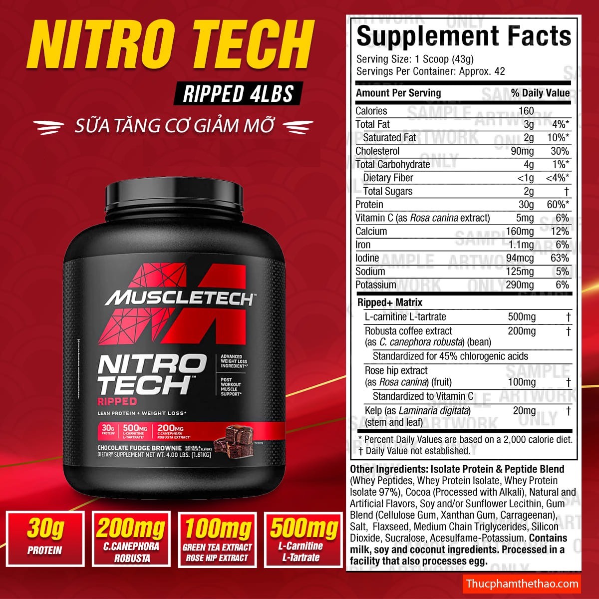 Whey Tăng Cơ và Giảm Mỡ MuscleTech Nitro Tech Ripped 4lbs