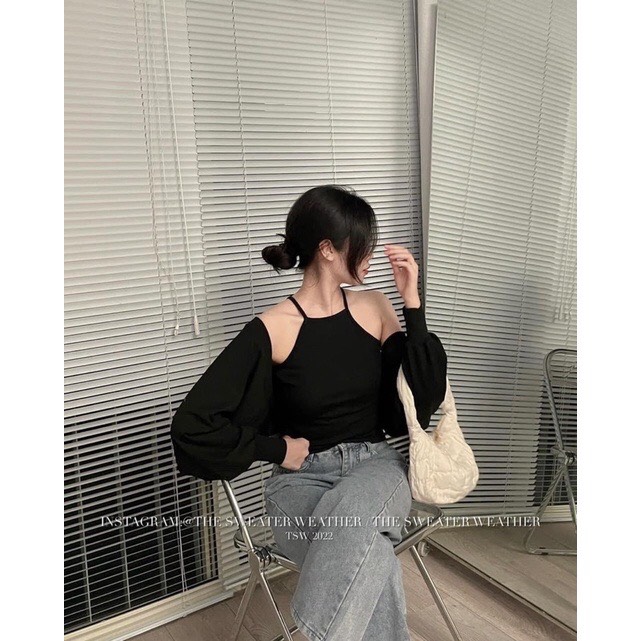 Sét 2 món áo khoác cardigan và áo trong croptop năng động