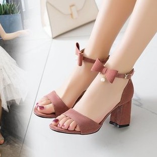 Giày cao gót hở mũi cổ nơ hạt châu cách điệu mới gót 7p sd23