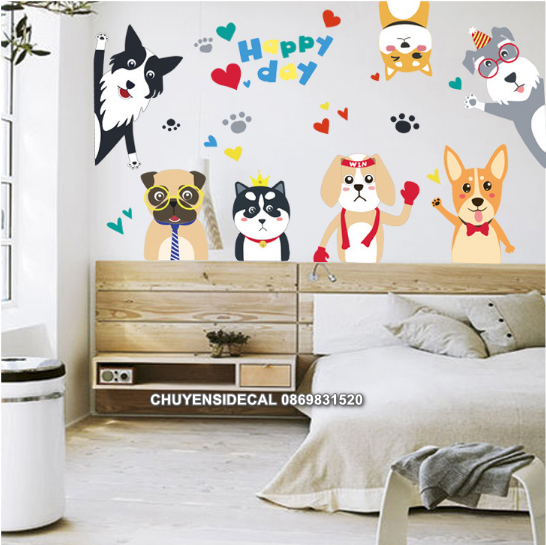 [HCM]Decal trang trí tường - Bày Chó HAPPY DAY