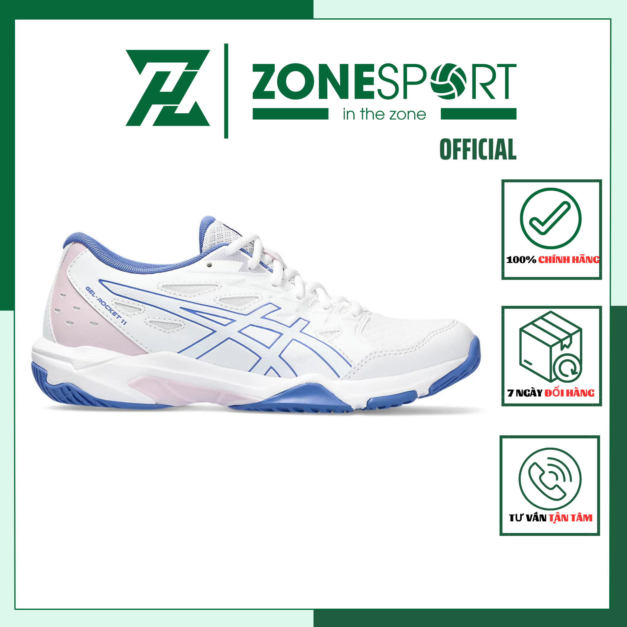Giày nữ asics gel rocket 11 trắng xanh hồng - giày thể thao bóng chuyền, cầu lông, tennis cổ thấp