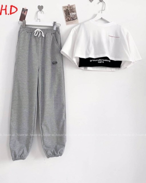 [HCM]Set 2 áo croptop kèm quần Spun bo gấu (Xám, Đen, Trắng)