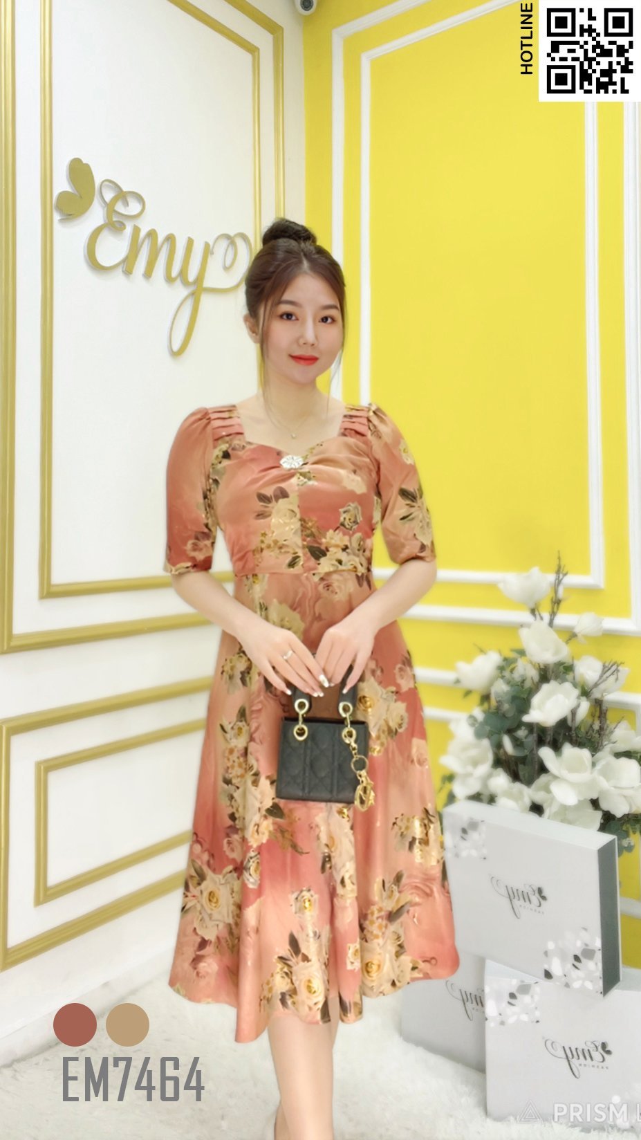 Đầm EMY EM7464 Xoè Lụa Vân Pháp LVP Hồng