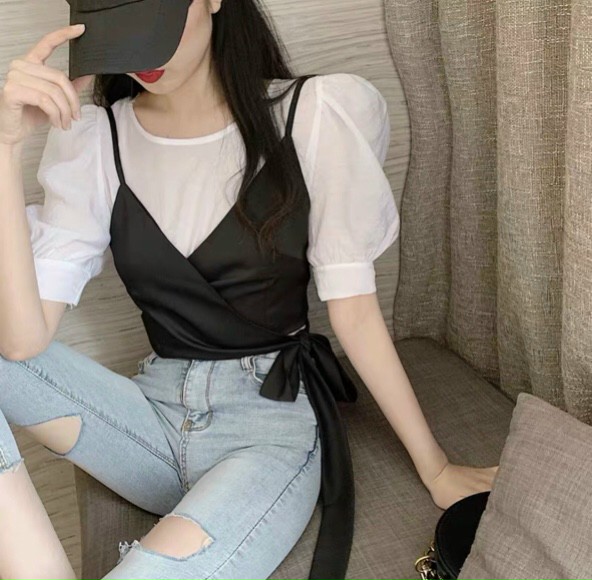 [HCM]Áo Tay phồng trắng phối 2 dây đen - UT33
