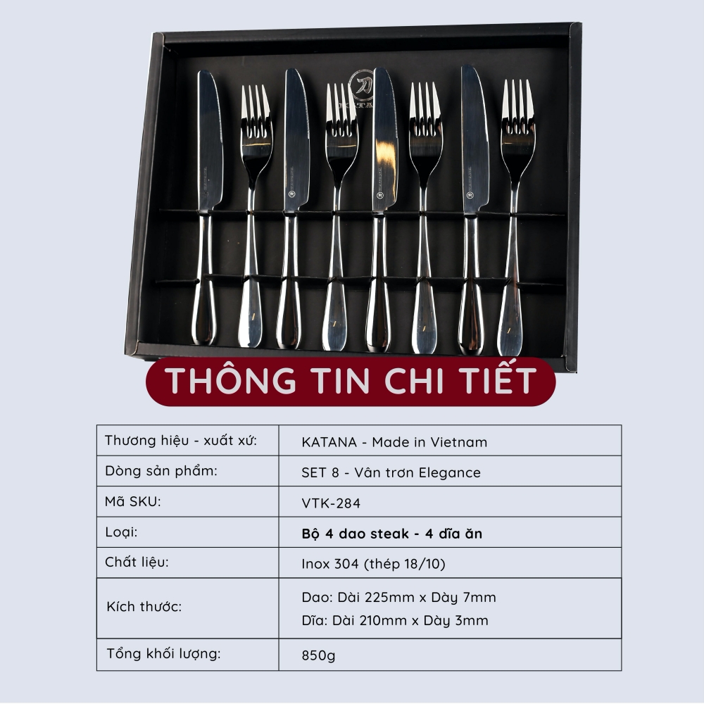 Set 8 dao dĩa beefsteak cao cấp vân trơn Elegance VTK284