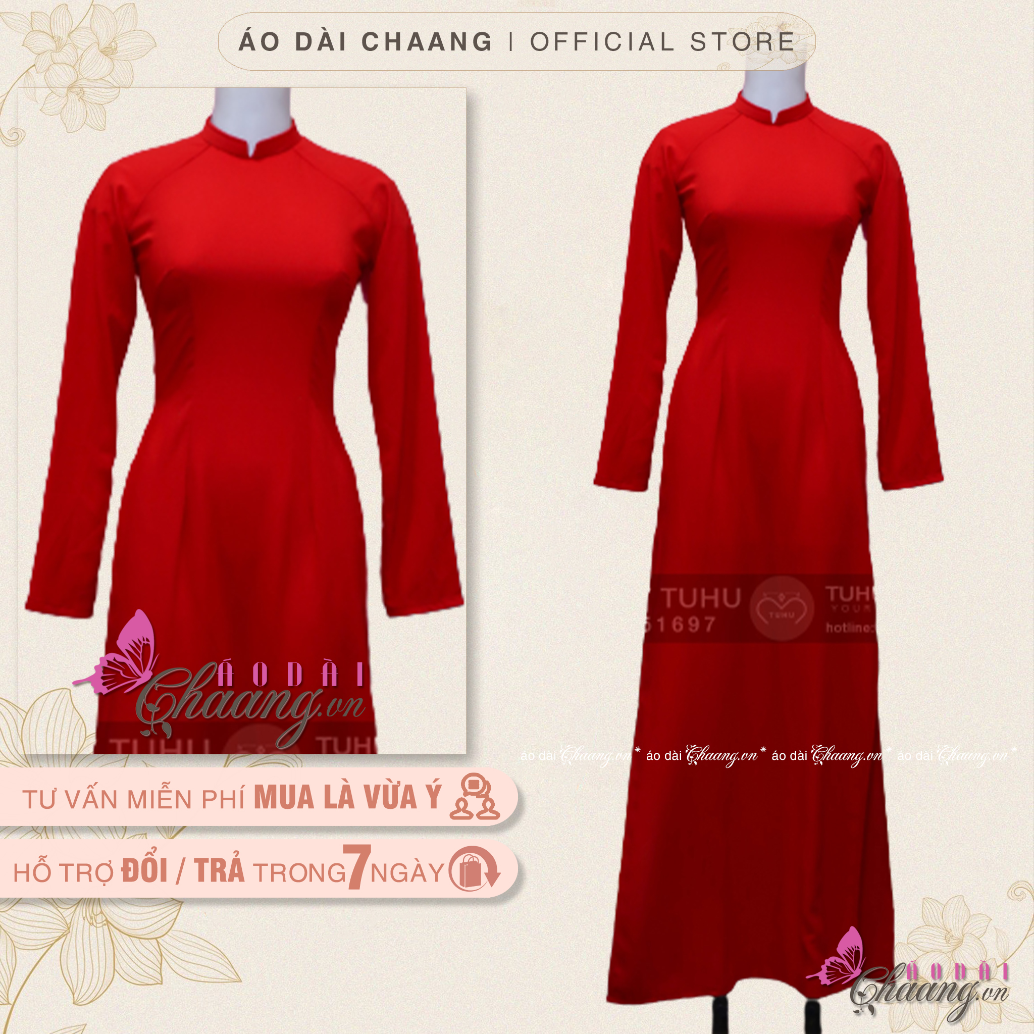 Áo Dài 4 Tà Lụa Đỏ Truyền Thống Chaang May Sẵn ADC592 Cổ Vuông Tay Lỡ Chất Tằm Chụp Hình Lễ Tết Đẹp