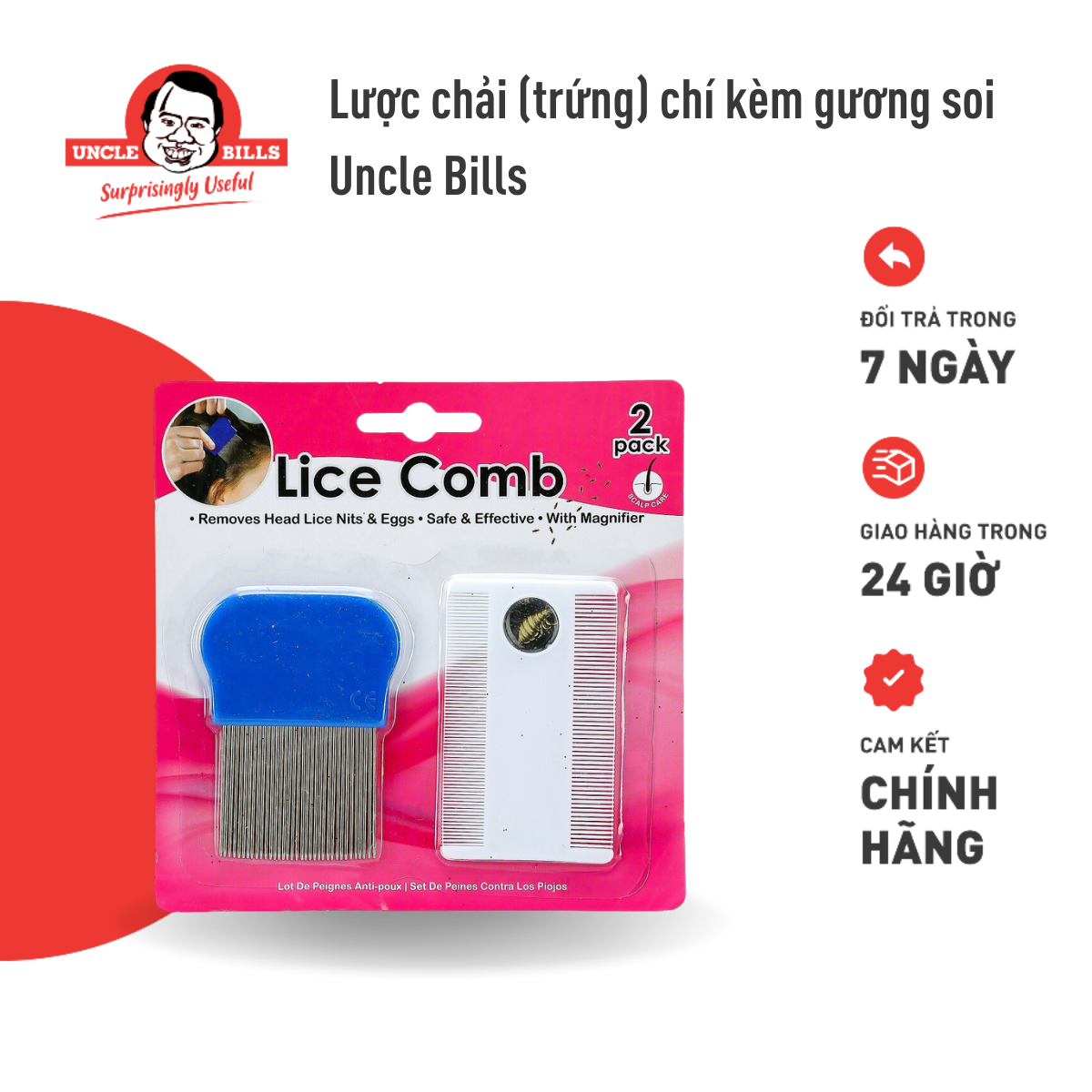Lược chải chí/ trứng chí bằng thép không gỉ kèm lược có gương soi uncle bills ah2250