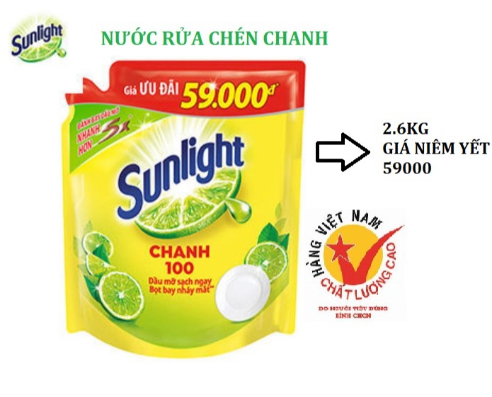 (1 THÙNG 4 TÚI) Nước rửa chén bát 2.6kg Sunlight Hương Chanh 100
