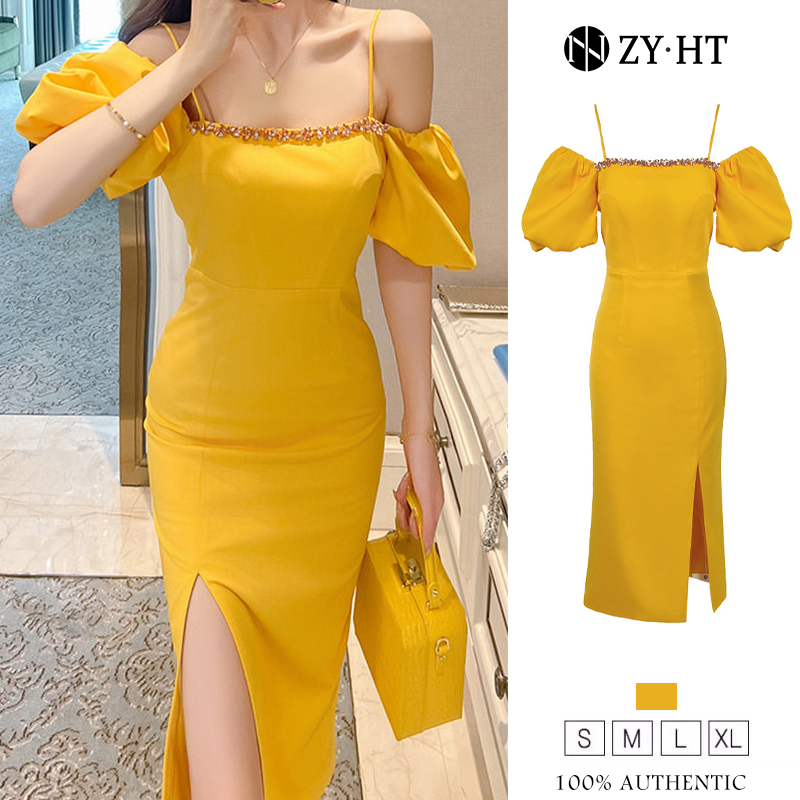ZYHT Đầm Hàn Quốc phương Tây tay áo phồng dây treo Mảnh mai màu vàng đầm sexy sang chảnh 20528
