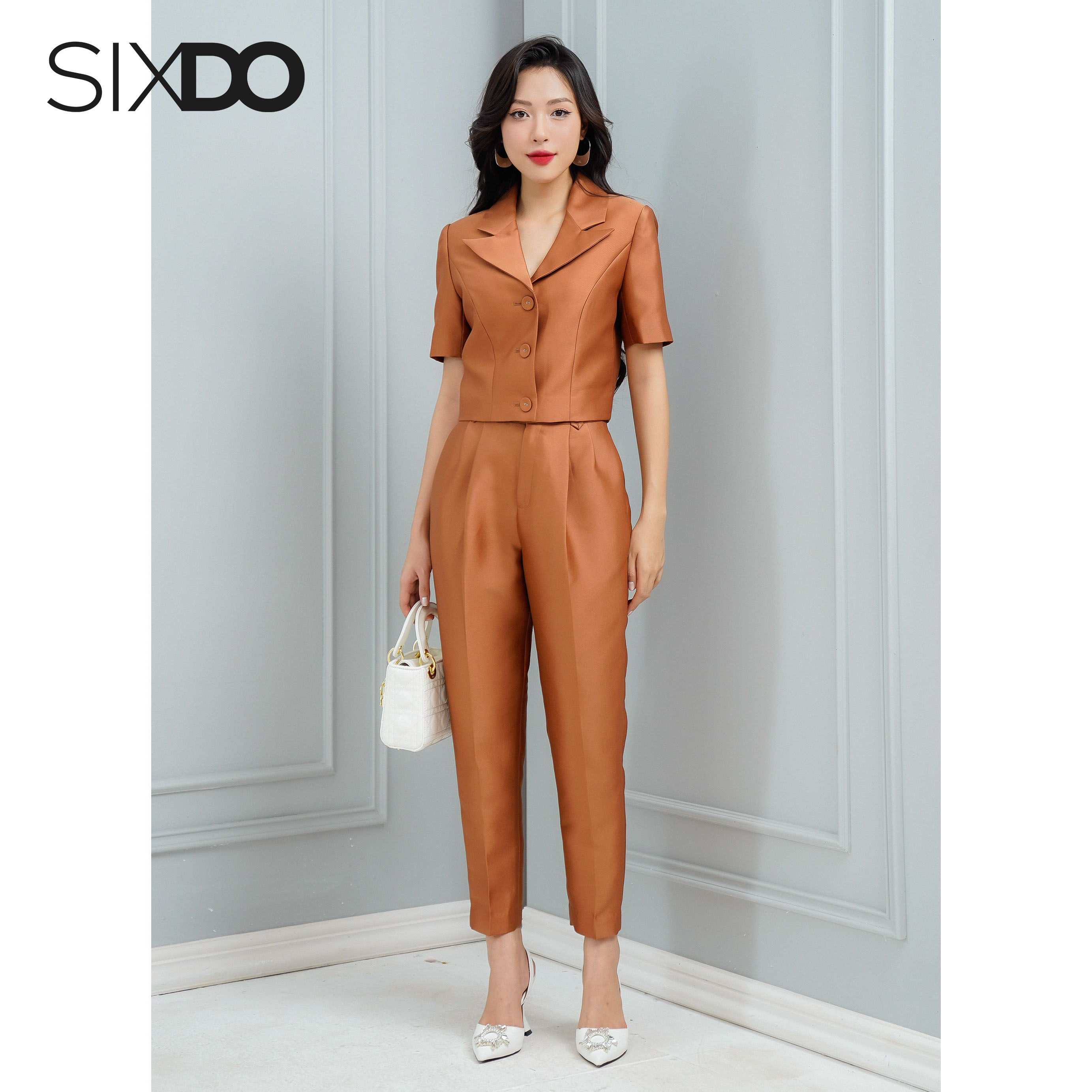 Áo Vest nữ taffeta dáng lửng SIXDO (Brown Cropped Taffeta Vest)