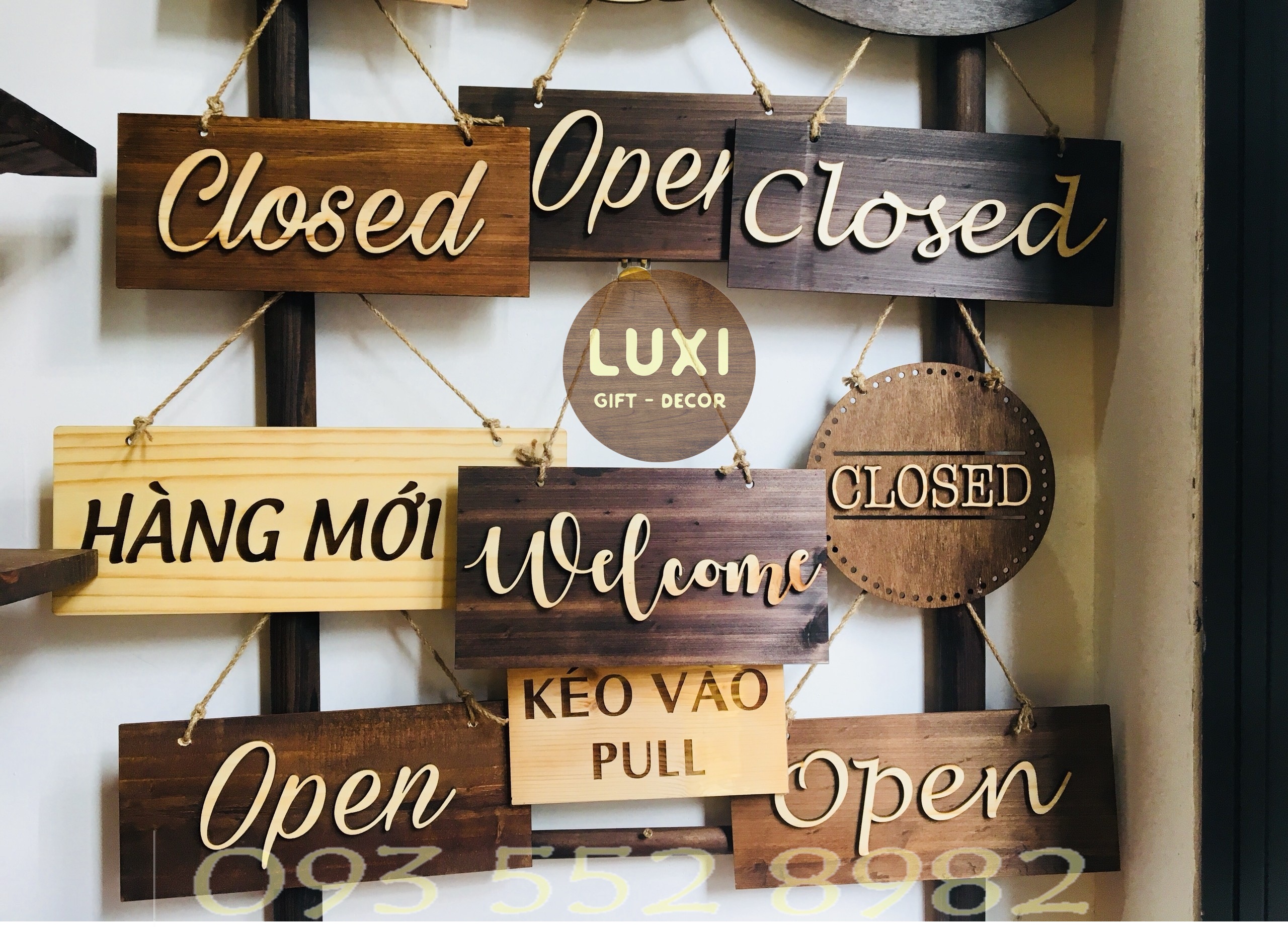 Bảng gỗ treo cửa 2 mặt Open – Close 04 LUXI decor