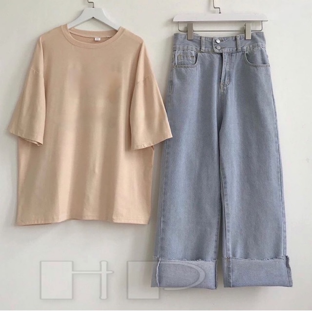 Sét áo thụng trơn + quần bò ống rộng xanh vau765 , sét bộ unisex cá tính, sét bộ mặc ở nhà cho nam và nữ, áo thun nam nữ, quần suông ống rộng - mimosa