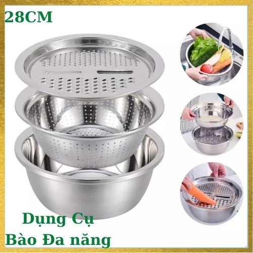 Dụng cụ bào rau củ quả đa năng 28cm. rổ bào rau củ inox - bộ thau rổ bào rau củ inox không rỉ 3 món