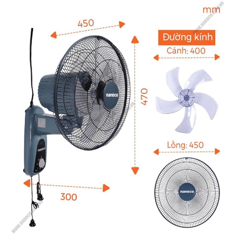 QUẠT TREO TƯỜNG NANOCO NWF1604G  2 DÂY