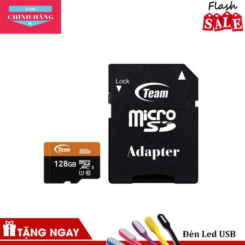 Thẻ nhớ microSDXC Team 128GB 500x upto 80MB/s C10 UHS-I kèm Adapter (Cam) tặng đèn LED - Bảo Hành 3 Năm