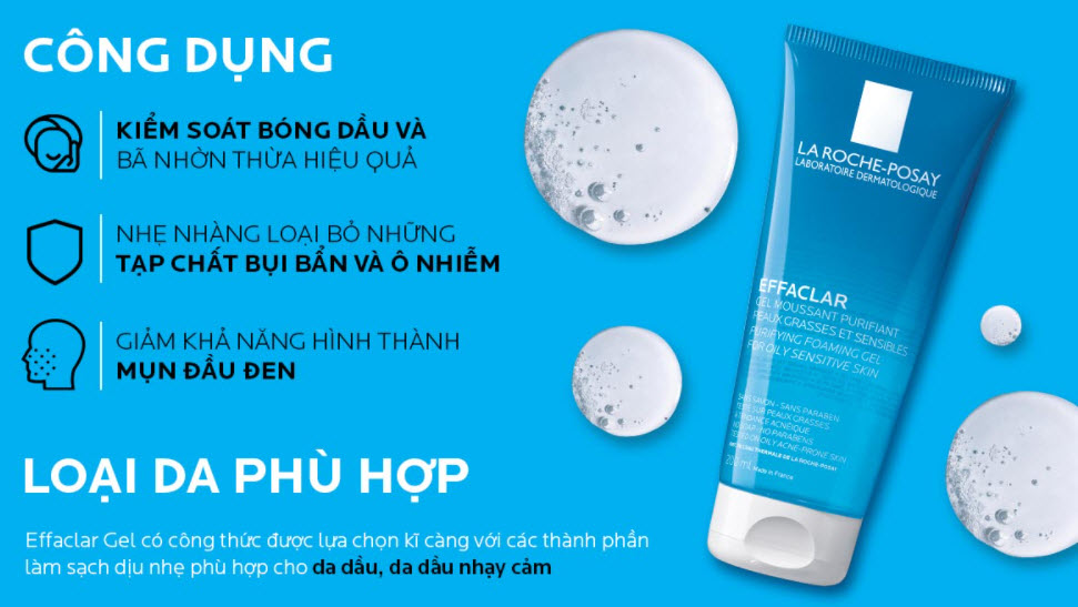 Sữa rửa mặt  cho da dầu mụn Nhạy Cảm La Roche Posay Effaclar Chính hãng - Gel rửa mặt cho da dầu mụn Laroch posay - Sữa rửa mặt ngừa mụn cho da dầu Laroche-Posay