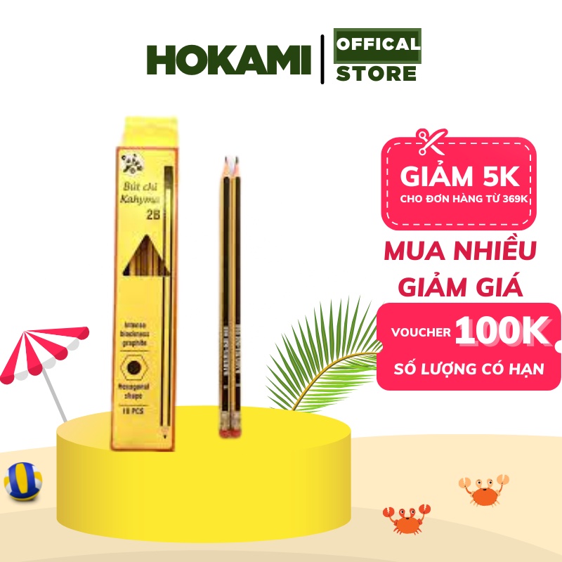 Bút chì gỗ 2b kahyma - hộp 10 cây - ngòi mềm có tẩy dành cho học sinh - bút chì 2b lục giác - hokami store