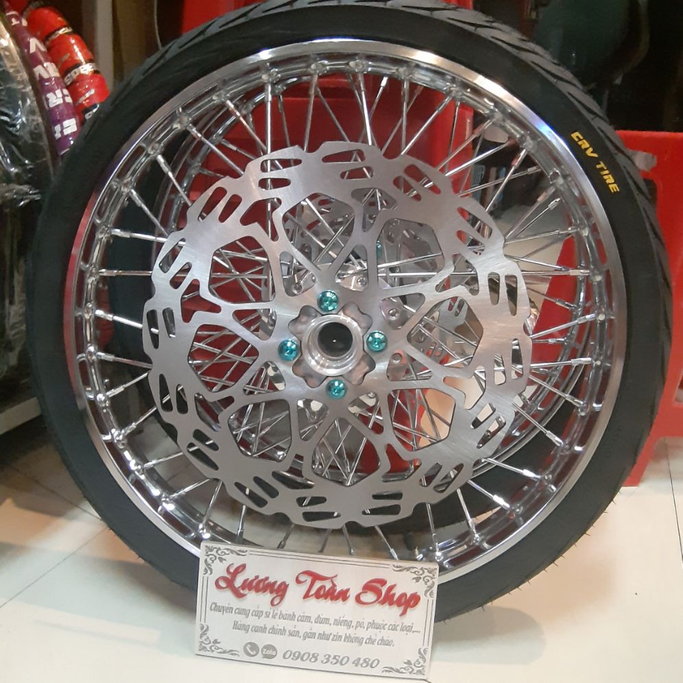 bánh căm RAIDER SATRIA niềng UNION 1.2/1.4 vỏ CRV 60/70 kèm 2 đĩa trước sau và 7 ốc g5 như hình