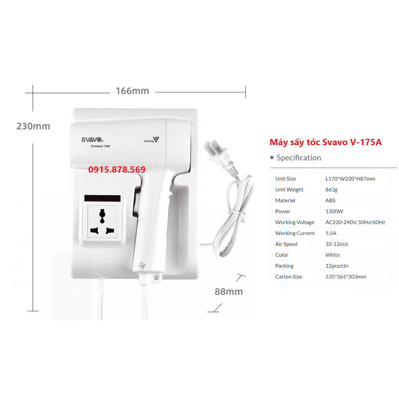 [TẶNG MIẾNG DÁN] Máy sấy tóc treo tường cao cấp Svavo V-175A