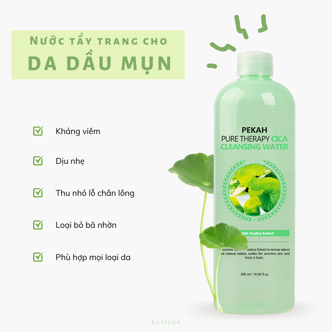 NƯỚC TẨY TRANG DÀNH CHO DA MỤN CHIẾT XUẤT RAU MÁ PEKAH - PEKAH PURE THERAPY CICA CLEANSING WATER 500ML  - 10018