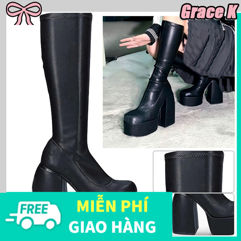 [miễn phí vận chuyển] Giày cao cổ dài của phụ nữ Giày cao gót mùa thu đông da PU Giày cao gót thời trang Giày dép nữ