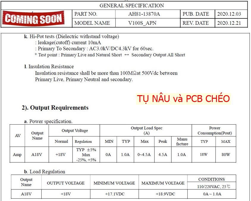 MẠCH NGUỒN 220V. 18V 7A , 21V 7A , 24V 7A  AMPLI CLASS D. ( Loa samsung AH8113870B , AH8113871B , AH4400307C )