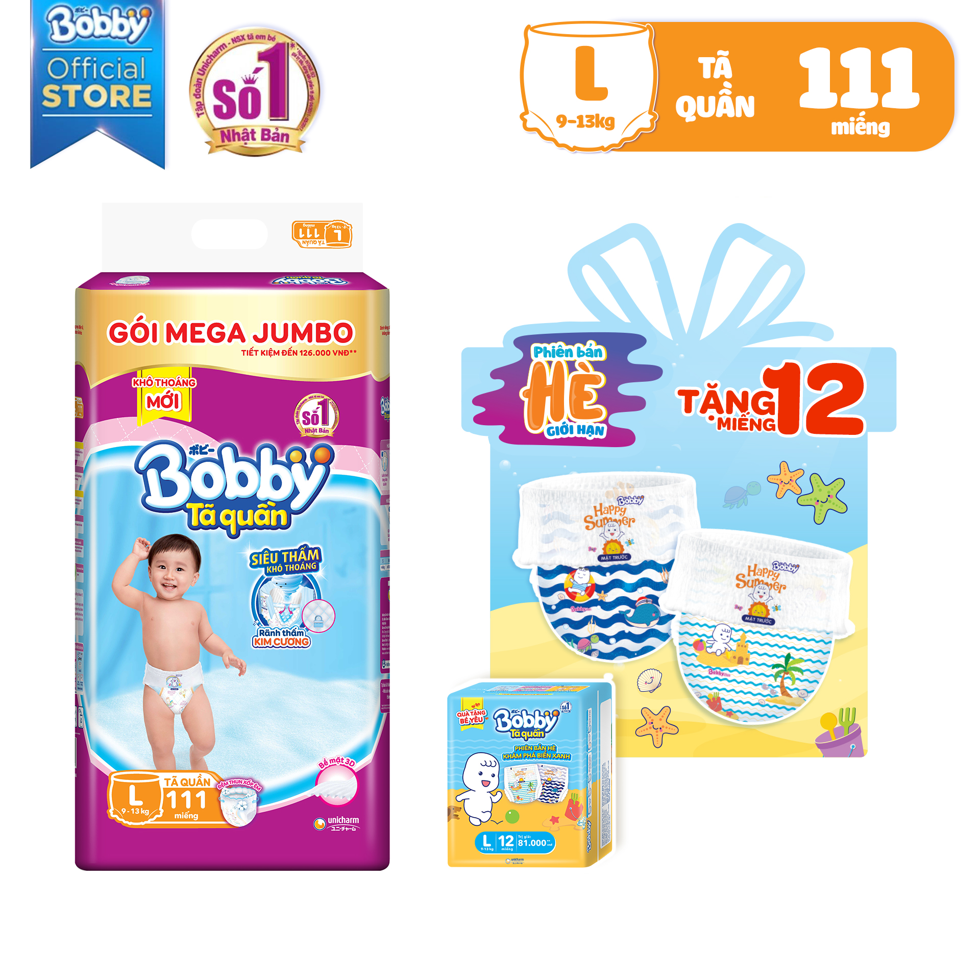 [TẶNG 12 MIẾNG] Tã/bỉm quần Bobby gói Mega Jumbo L111 (9-14kg)|ProductId:368