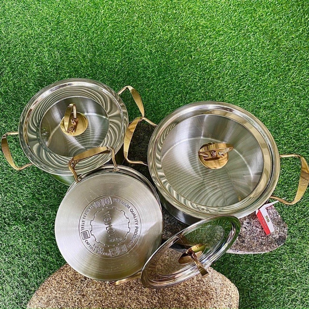 [GIẢM GIÁ 50%] Bộ 3 nồi inox cao cấp Misu Louis xuất Đức thiết kế 3 đáy dày đẹp với các kích thước 18cm - 20cm - 22cm dễ dàng nấu các món ăn, có nắp kính cường lực trong suốt quan sát trong khi nấu ăn