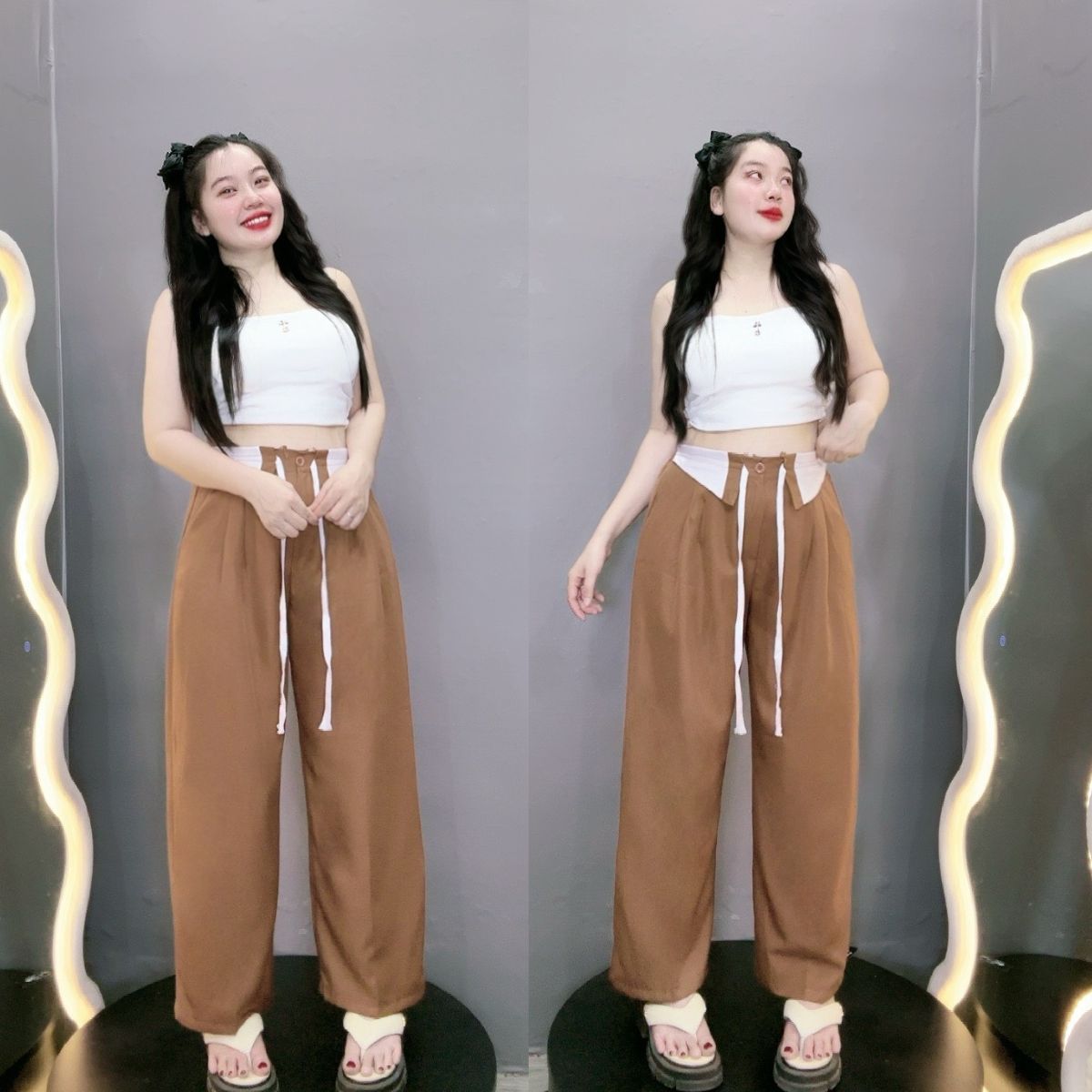 Quần dài bigsize nữ có dây phối lưng,quần ống suông lưng cao chất cotton mềm mịn mặc mát qphoi