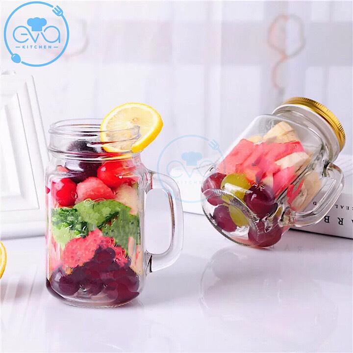 Bộ 10 Ly Quai Thủy Tinh Trơn 450ml-Ly Mason Jar Thủy Tinh Tay Cầm 450ml / Ly Sinh Tố, Nước Ép