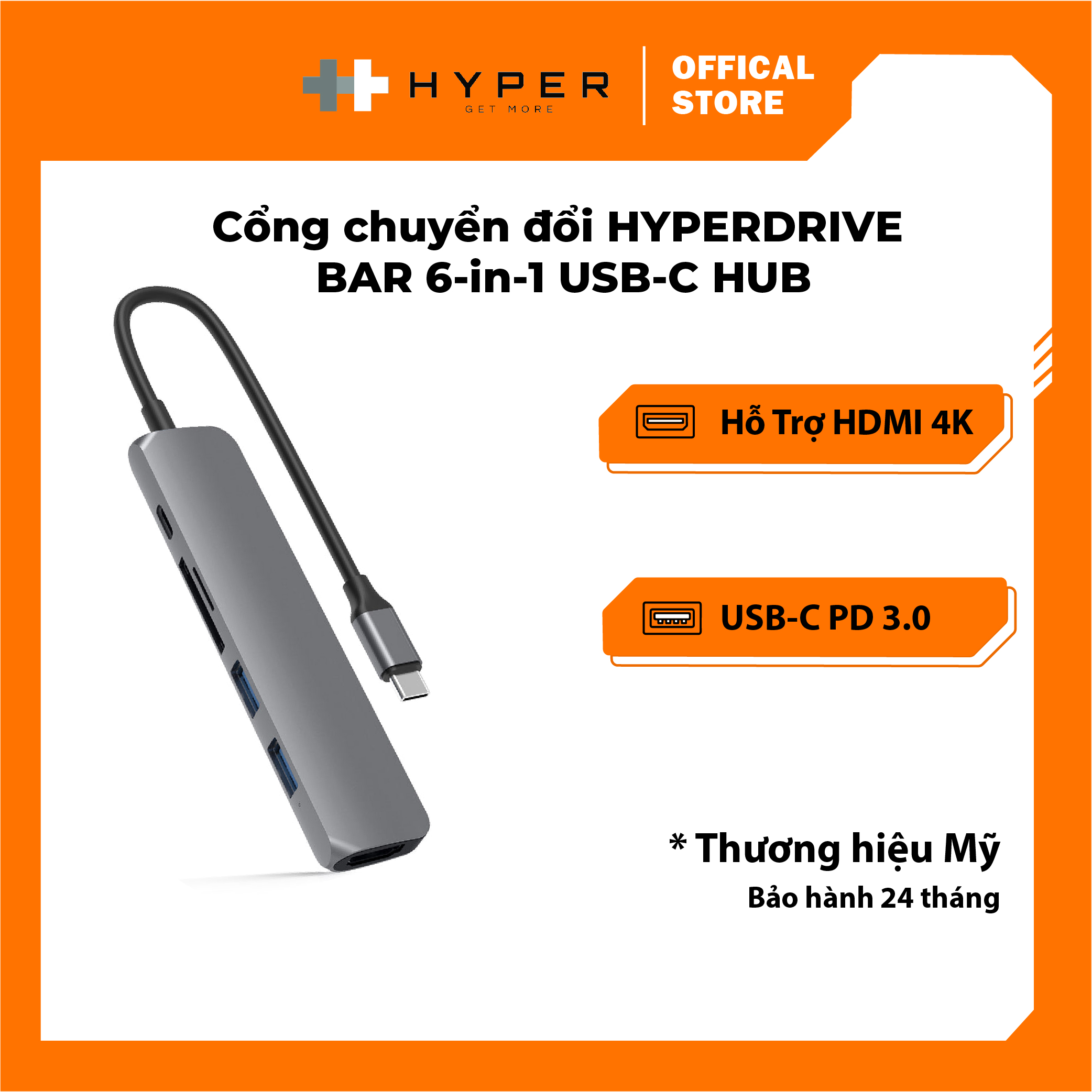 CỔNG CHUYỂN HYPERDRIVE BAR 6 IN 1 USB-C HUB FOR MACBOOK, SURFACE, PC & DEVICES – HD22E