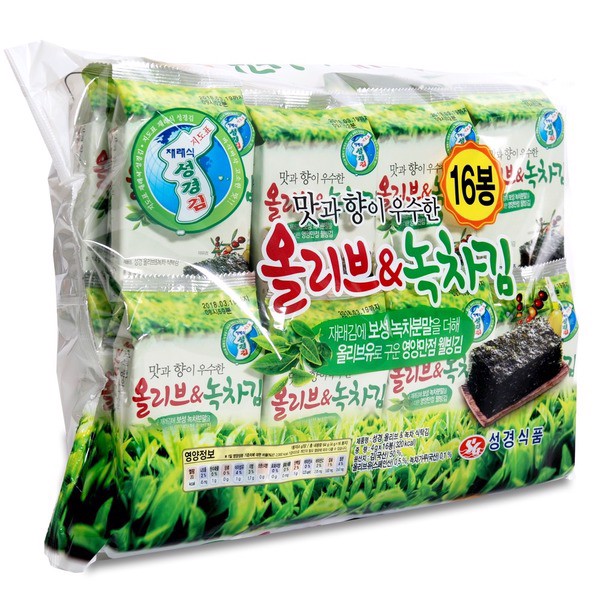 Bịch 16 Gói Lá Kim Nướng Vị Trà Xanh Và Oliu Ăn Liền Sung Gyung 64g ( 16 gói x 4g)