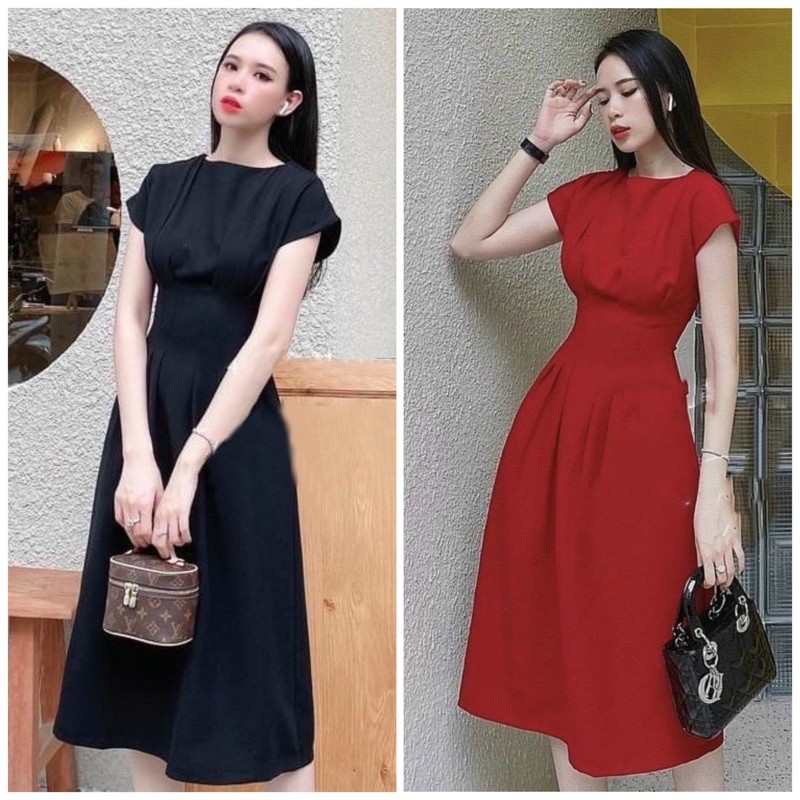 Đầm xếp li eo tay con 2 màu