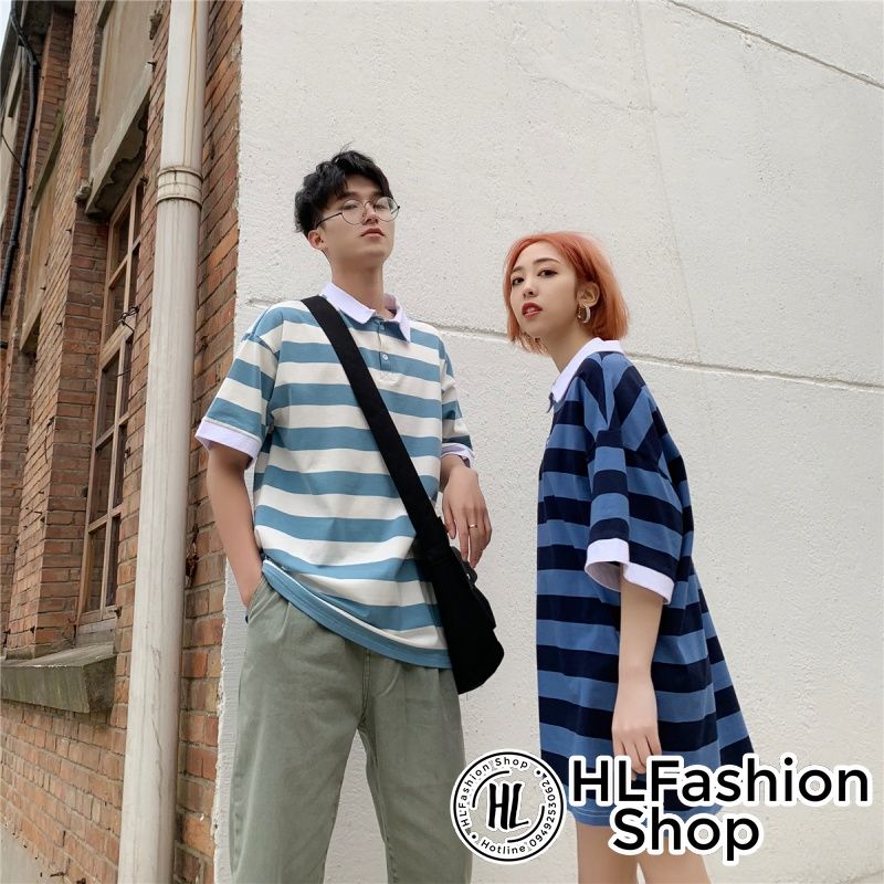 Áo polo thun cổ trụ Unisex sọc ngang to bản lịch sự đơn giản, áo thun có cổ HLFashion