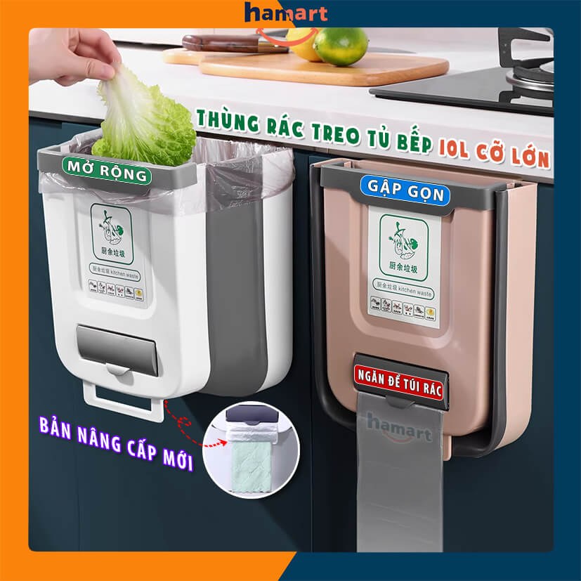 Thùng Rác Treo Tủ Bếp Hamart Cỡ LỚN 10L Gấp Gọn Gài Cánh Cửa Đa Năng Cao Cấp TẶNG 20 Túi Rác