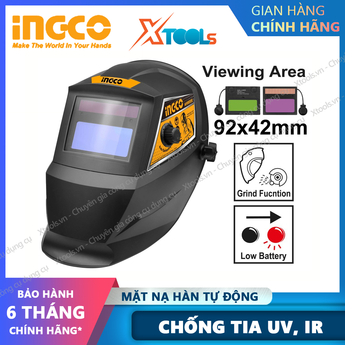 Kính hàn điện tự động INGCO AHM008 mặt nạ hàn điện tử cảm biến cao, tự động tối khi hàn, điều chỉnh độ sáng mặt kính lớn