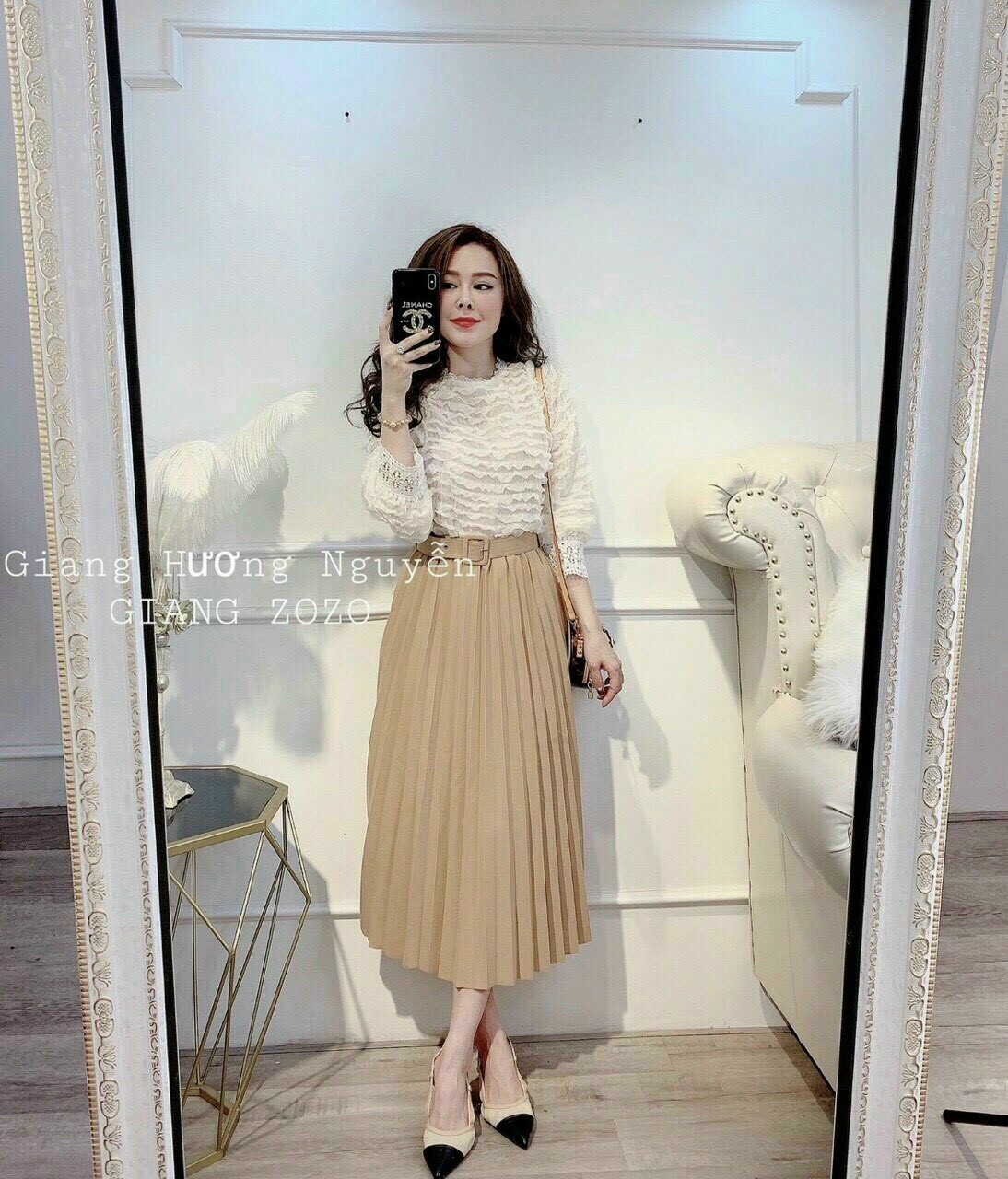 Chân váy xếp ly dáng dài kèm đai ( đai lỗ)
