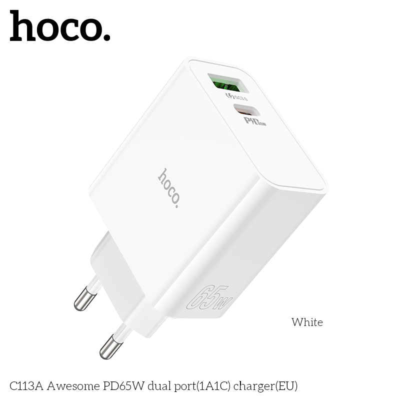 Cốc sạc nhanh 2 cổng hoco c113 / c113a usb qc3.0 và typec pd max 65w, chân gập - nhất tín computer