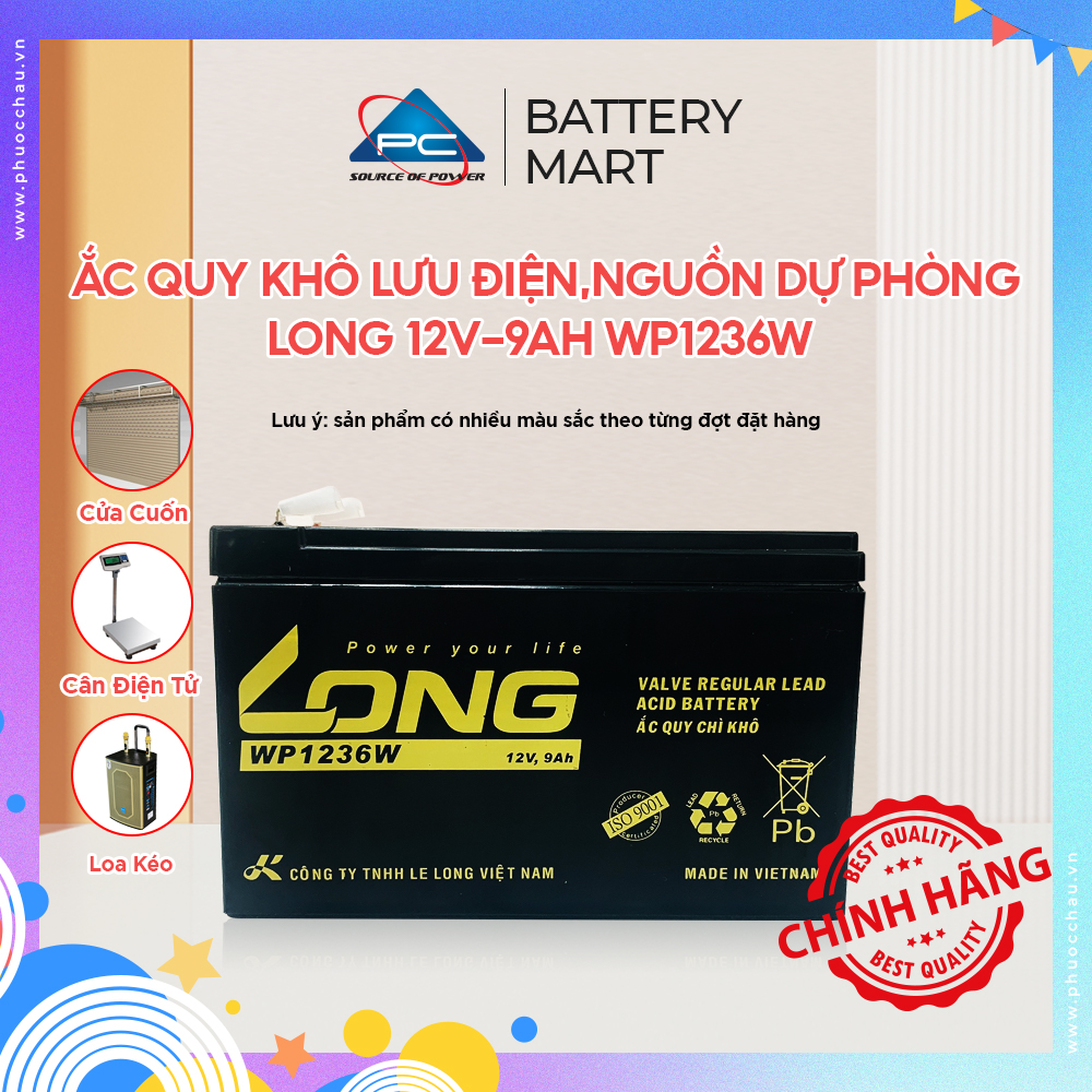 Bình ắc quy khô long 12v9ah wp1236w dùng cho ups lưu điện cửa cuốn lưu điện máy tính loa kéo